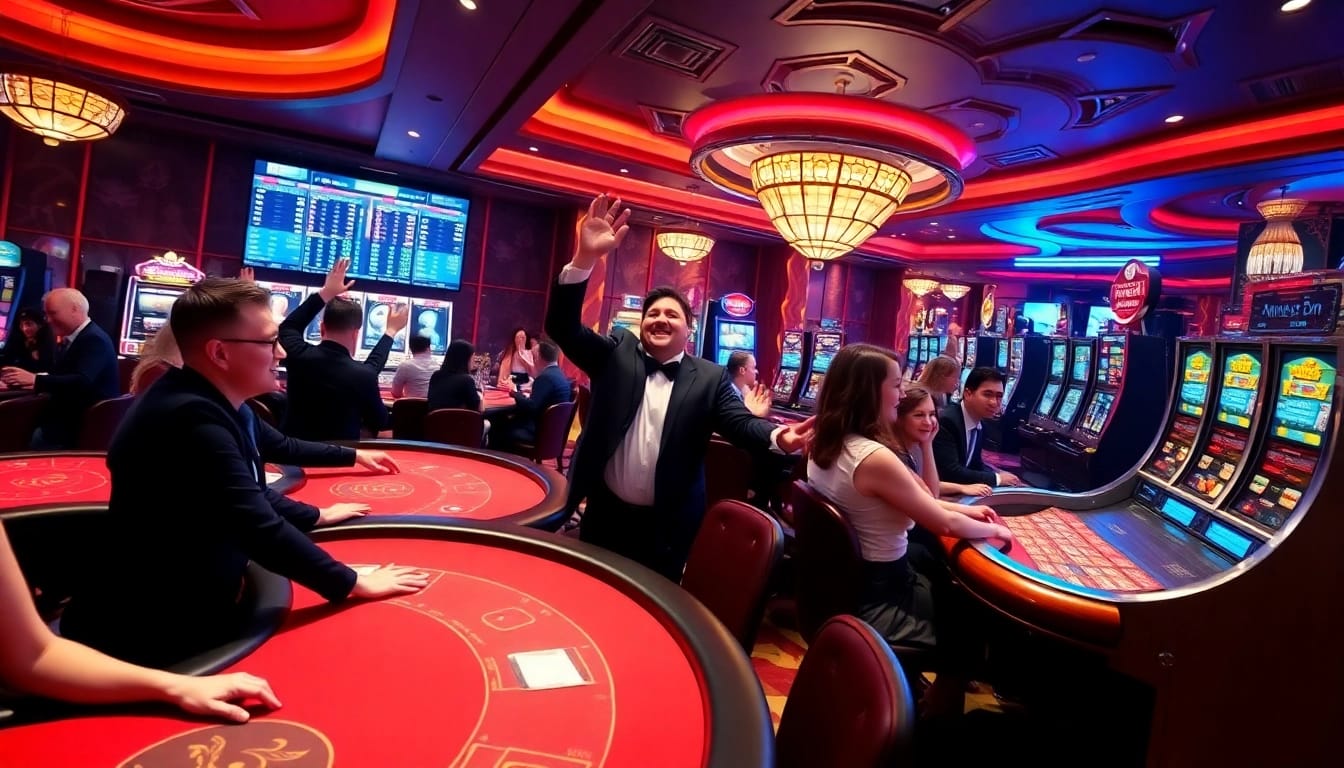 Online casino scene at 98win com featuring vibrant games and players celebrating wins.