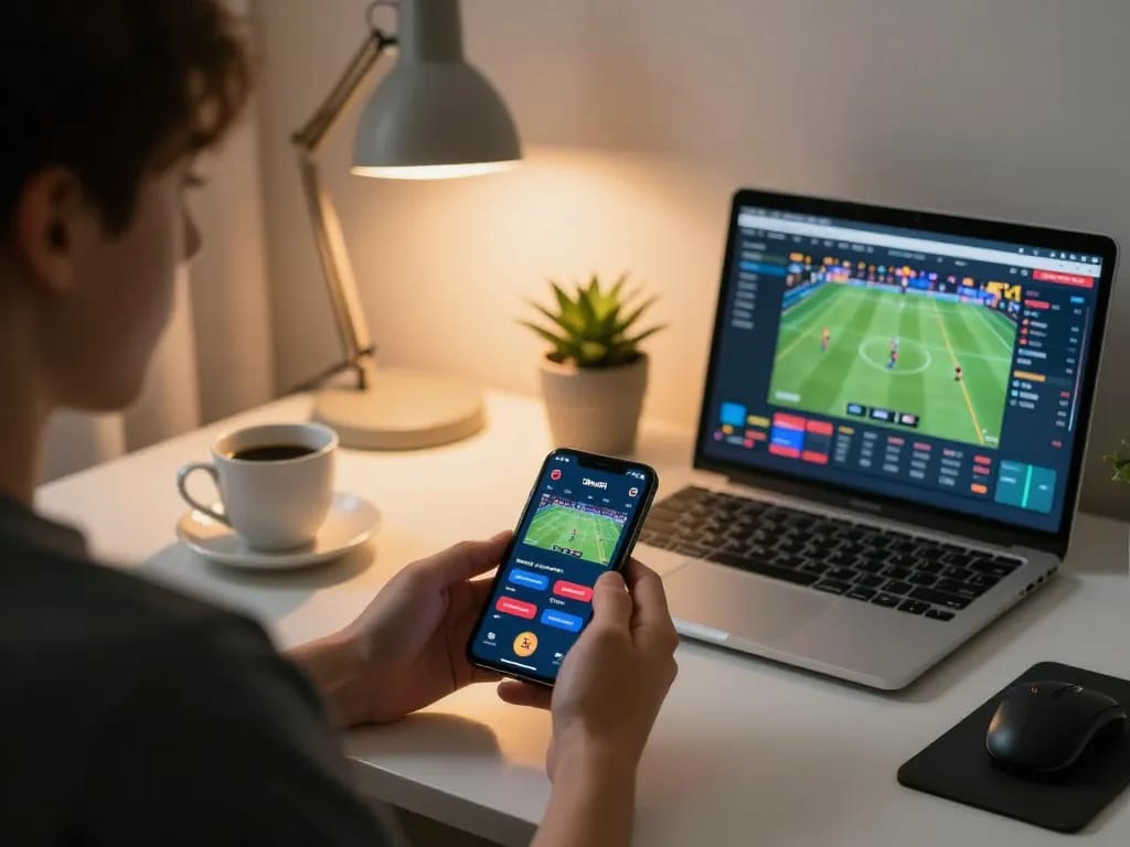 Player exploring 78win01 app on smartphone for online gaming with cozy home setup.