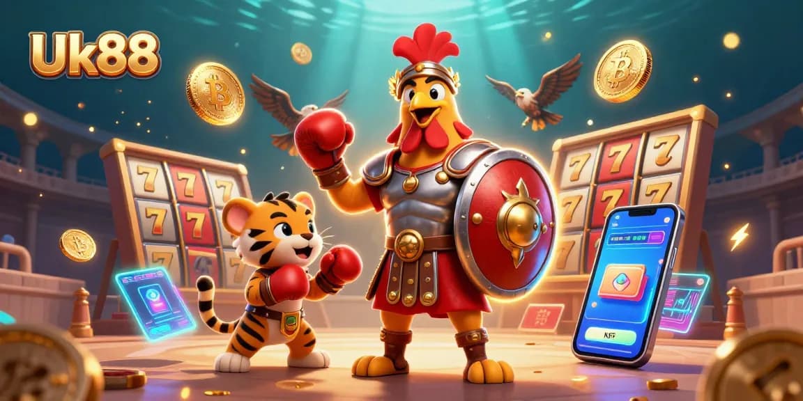 Spin the reels at Uk88 with a vibrant 3D casino scene showcasing thrilling slot elements and cryptocurrency.