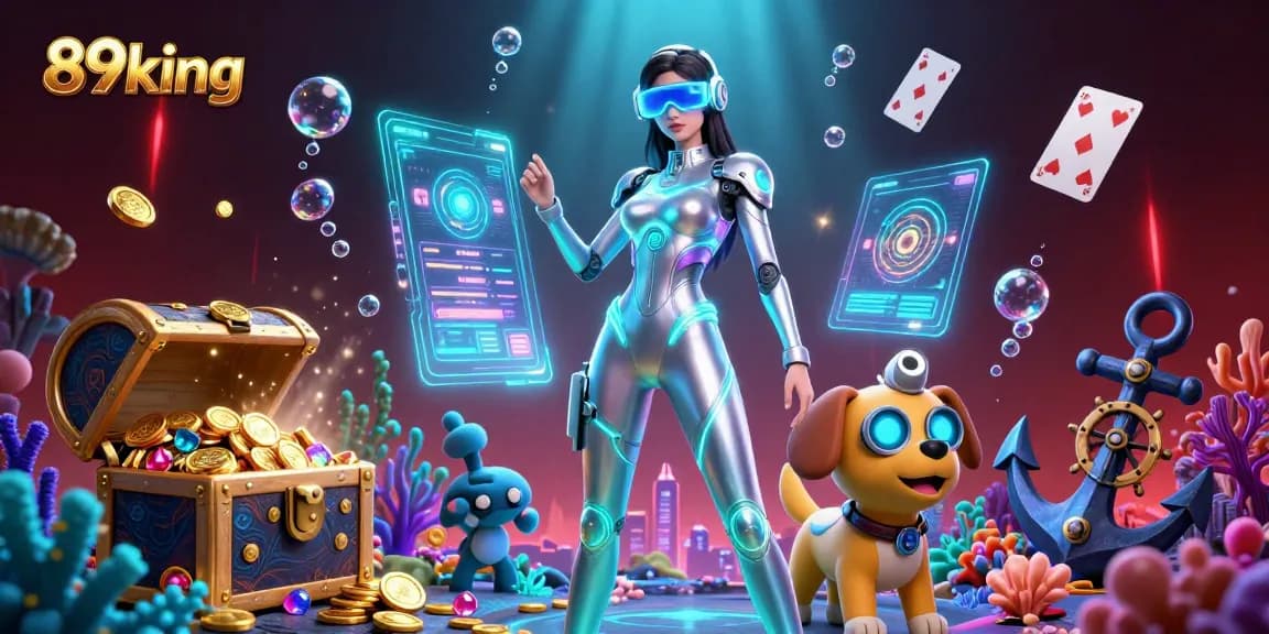 Engage with the vibrant world of 89king, featuring a futuristic women and a robot dog in a rich digital casino scene.
