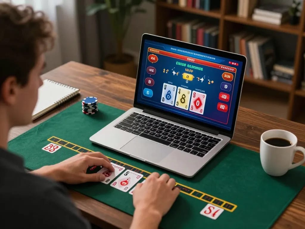 Person mastering blackjack strategies at 9win live dealer game in cozy home office.