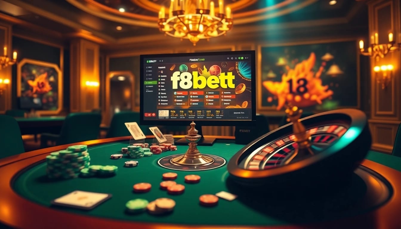 Players enjoy thrilling games at f8bet.io casino, showcasing poker chips and roulette excitement.