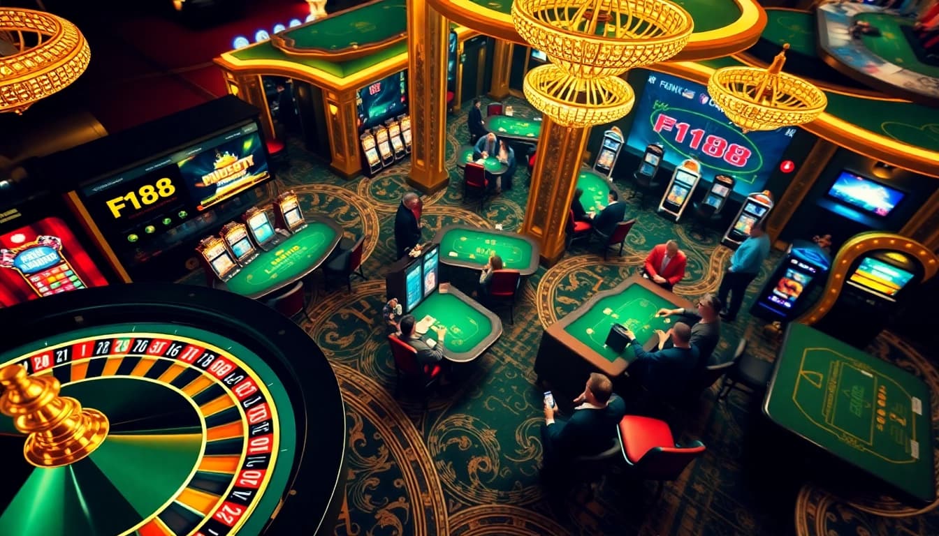 Experience the thrill of gambling at F168 with vibrant casino elements including poker chips and roulette.