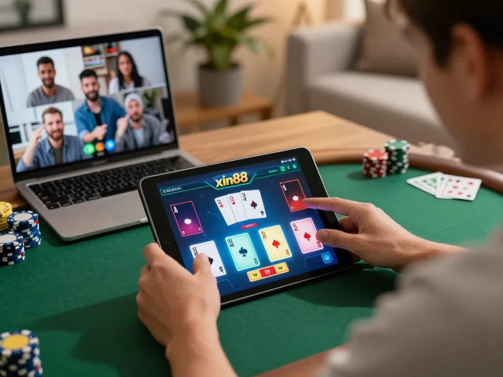 Engaging online poker session at nhà cái xin88, showcasing players' strategic betting decisions in a cozy setting