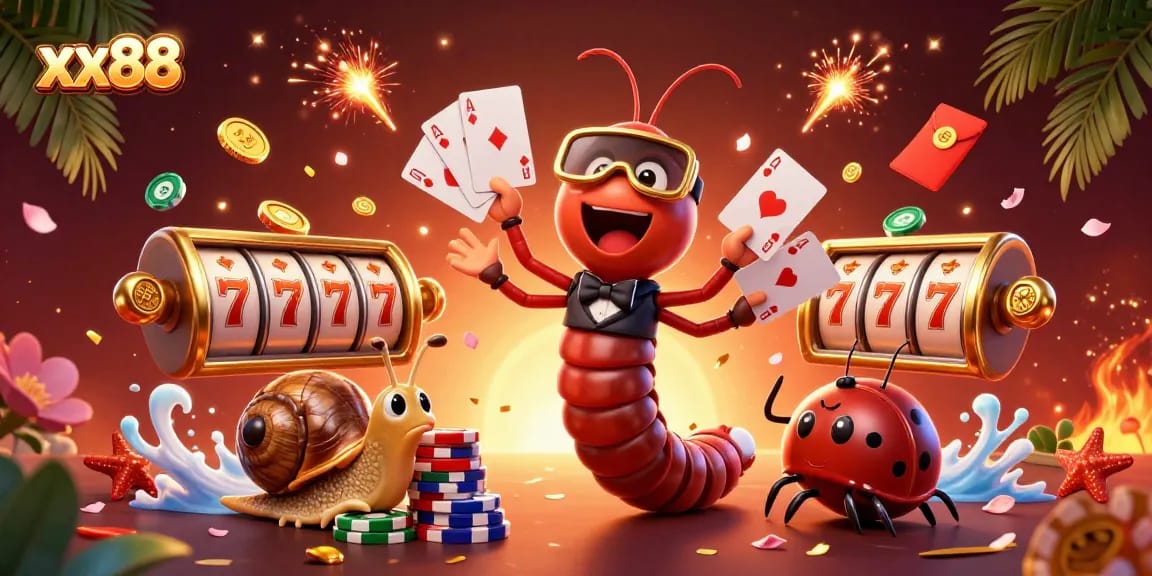Engage in thrilling gaming at xx88 with a dynamic casino scene showcasing vibrant characters and iconic gambling elements.