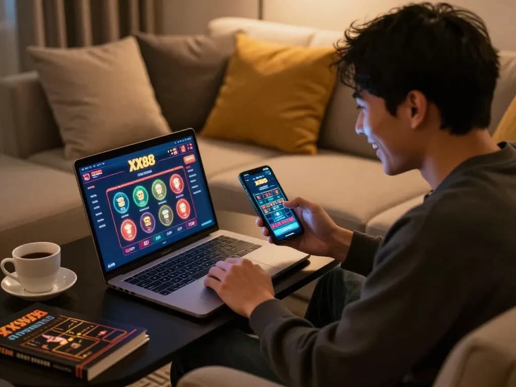 Player enjoying a winning hand on XX88's online casino, showcasing excitement and strategic gaming.