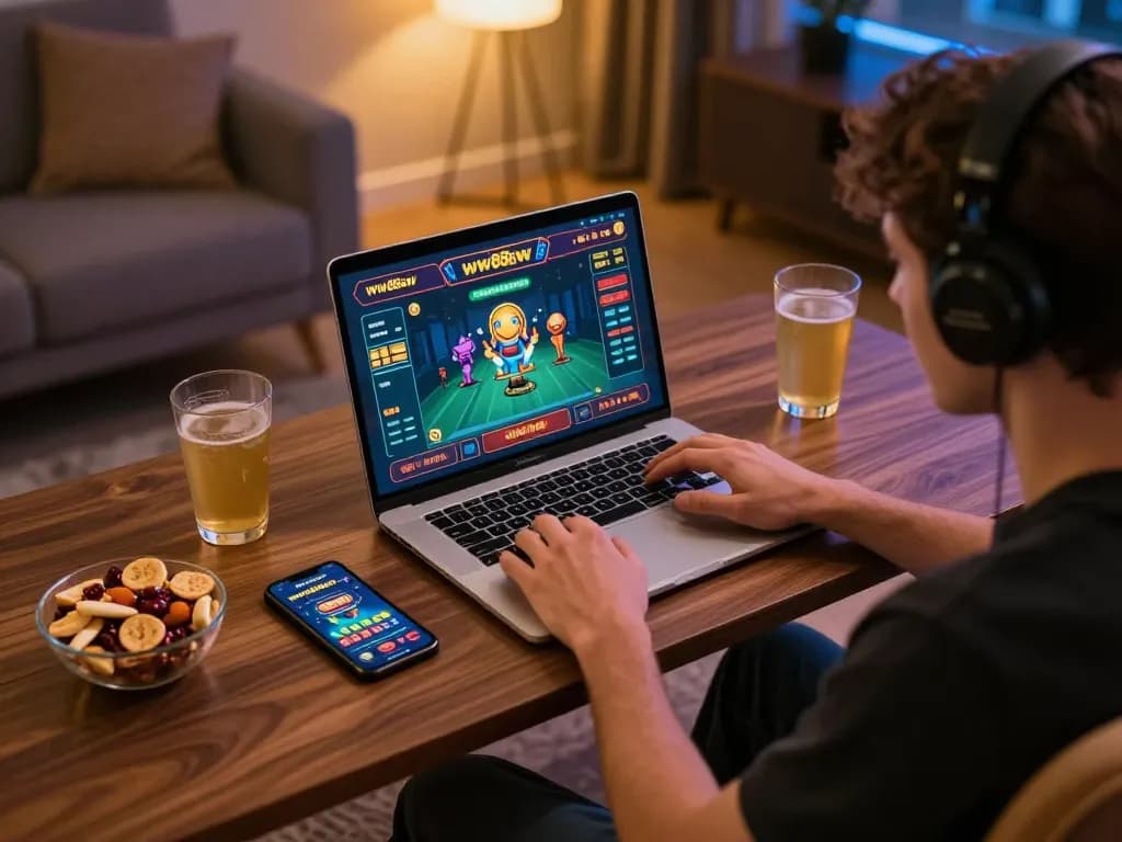Player enjoying a thrilling gaming session on ww88aw's online casino, showcasing laptop and smartphone with engaging gameplay.