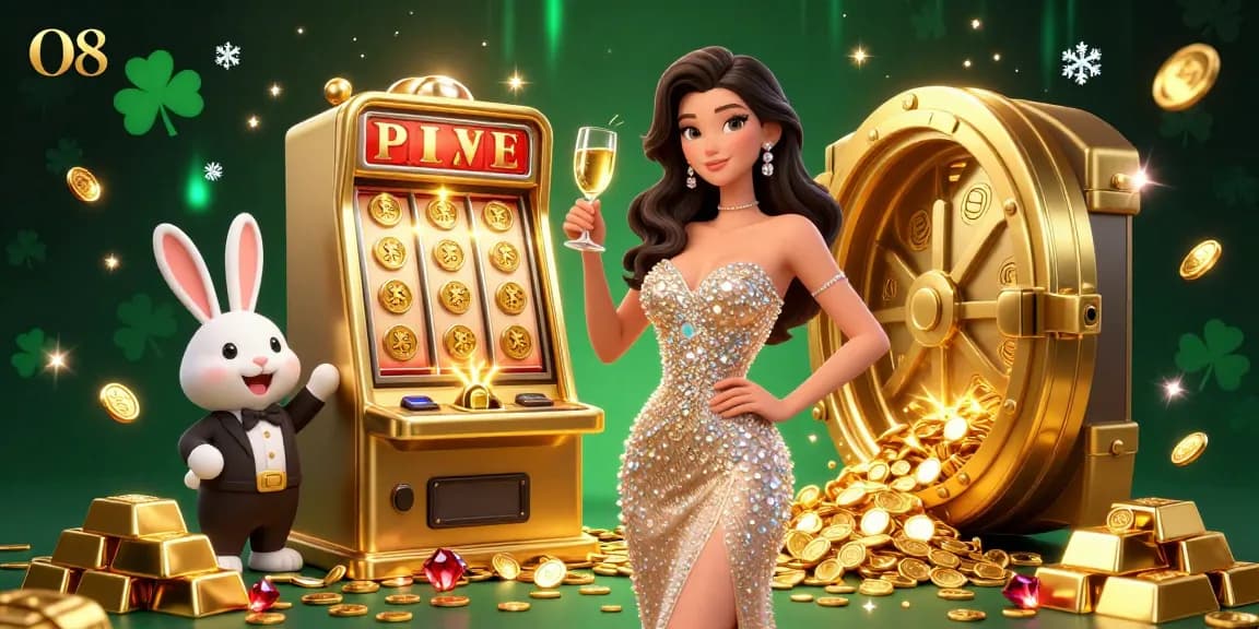 Experience the excitement at O8's sparkling casino with a glamorous scene of a woman celebrating a jackpot win, surrounded by rich gaming elements.