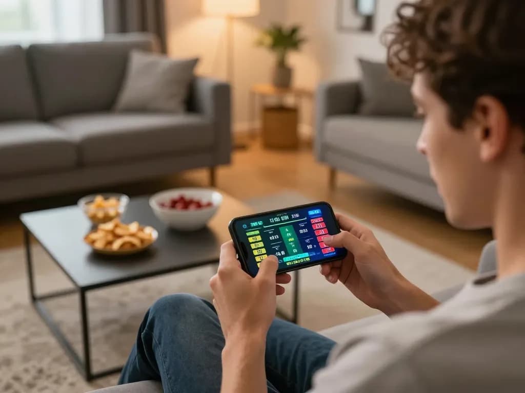 Kuwin sports betting excitement as player engages on smartphone in a cozy home setup.