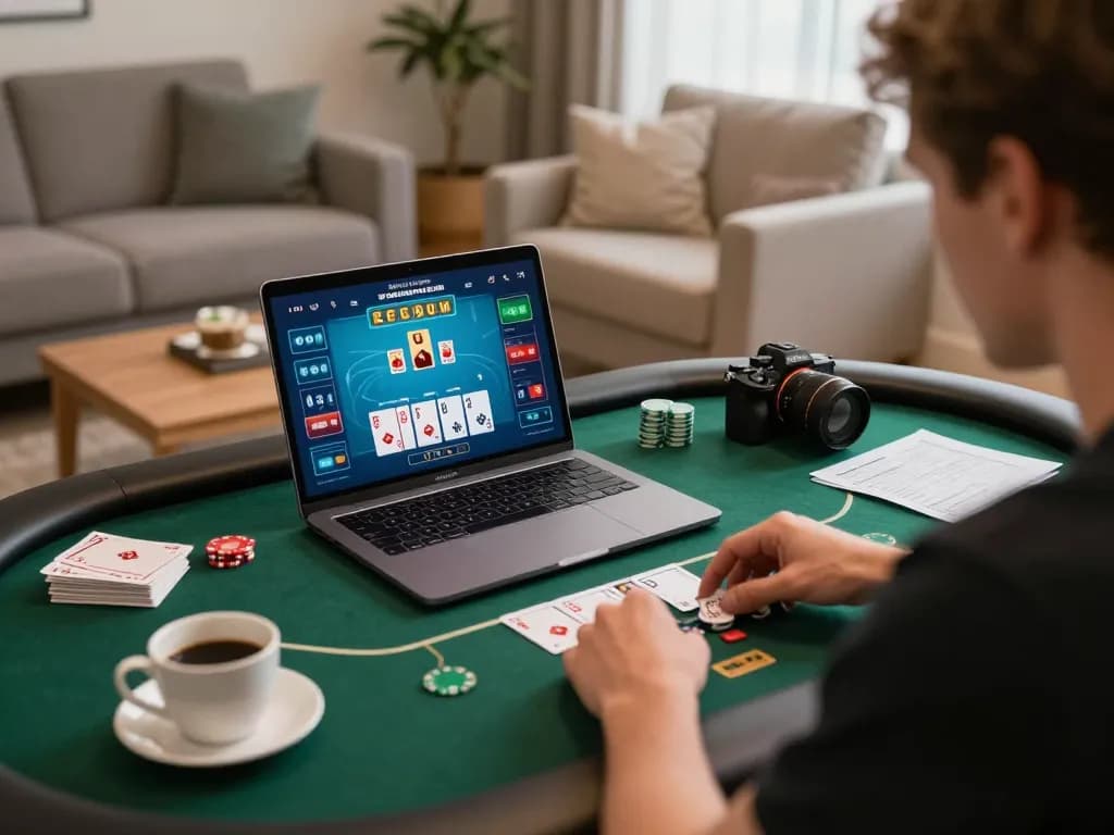 Player enjoying poker game on Ok9, focusing on strategic betting with laptop interface displayed clearly.