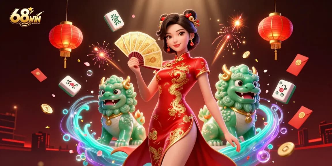 Experience the thrill of 68WIN with a vibrant 3D illustration showcasing online casino excitement and Chinese cultural elements.