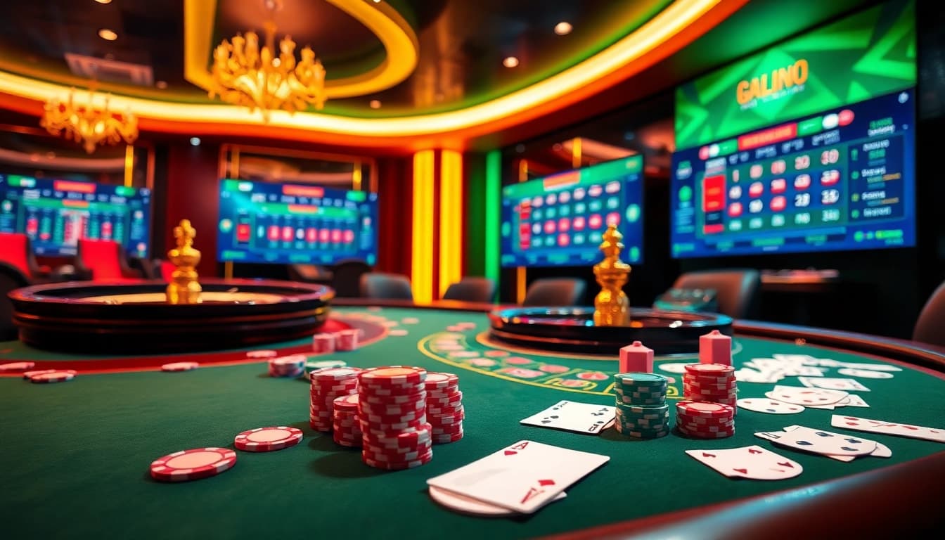 Experience Haywin's thrilling gaming atmosphere with poker chips and a roulette wheel in action.