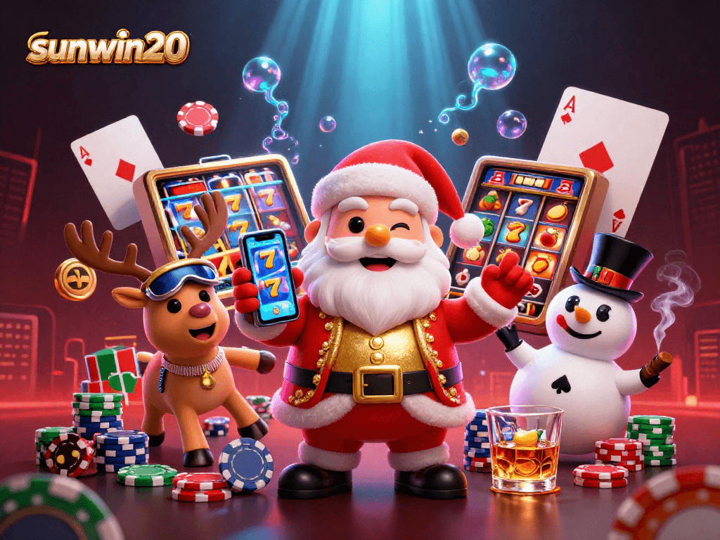 Win big with sunwin20 as Santa Claus and companions celebrate in a colorful casino.