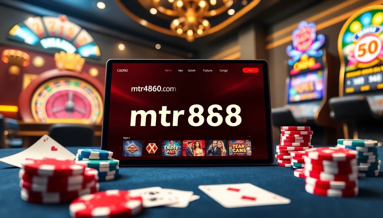 Experience the thrill of gambling at https://mtr888.com/ with vibrant casino scenes featuring poker chips and cards.
