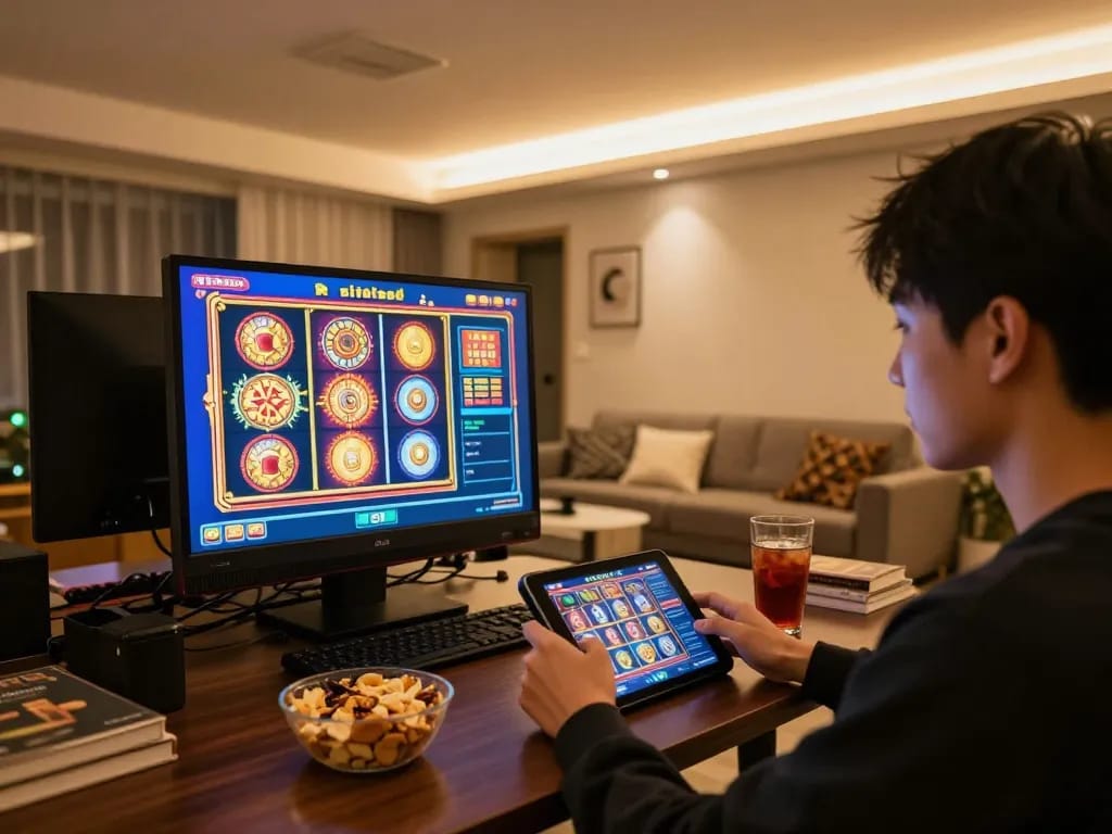 Engaging in slot games on the trang chủ lv88 interface, with vibrant graphics and a cozy home setting.