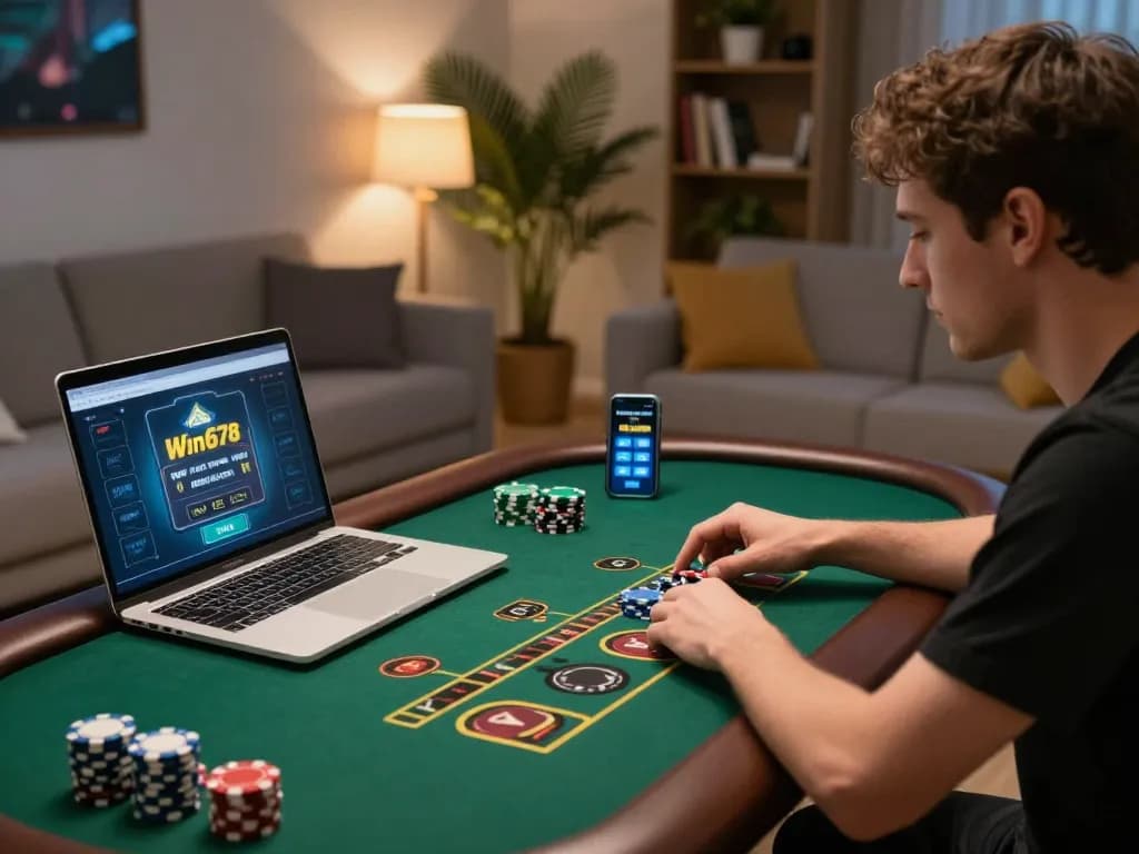 Win678 player engaging actively in strategic online casino gameplay from a cozy home setup.