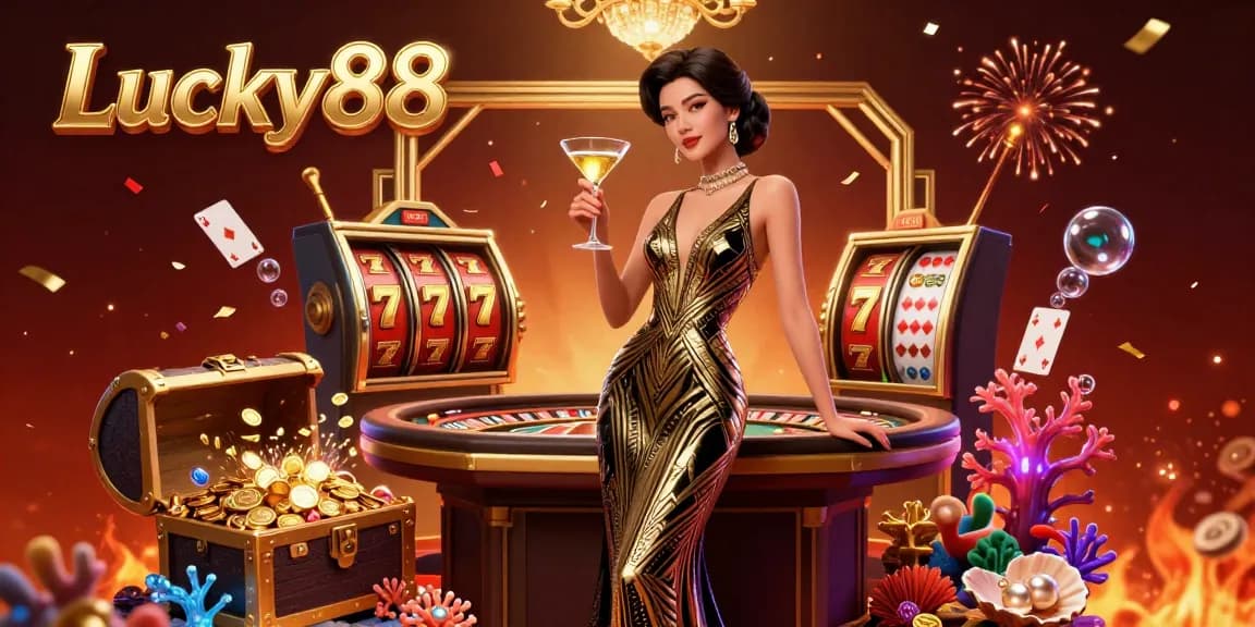 Spin jackpots with Lucky88 as elegant characters celebrate at a vibrant casino.