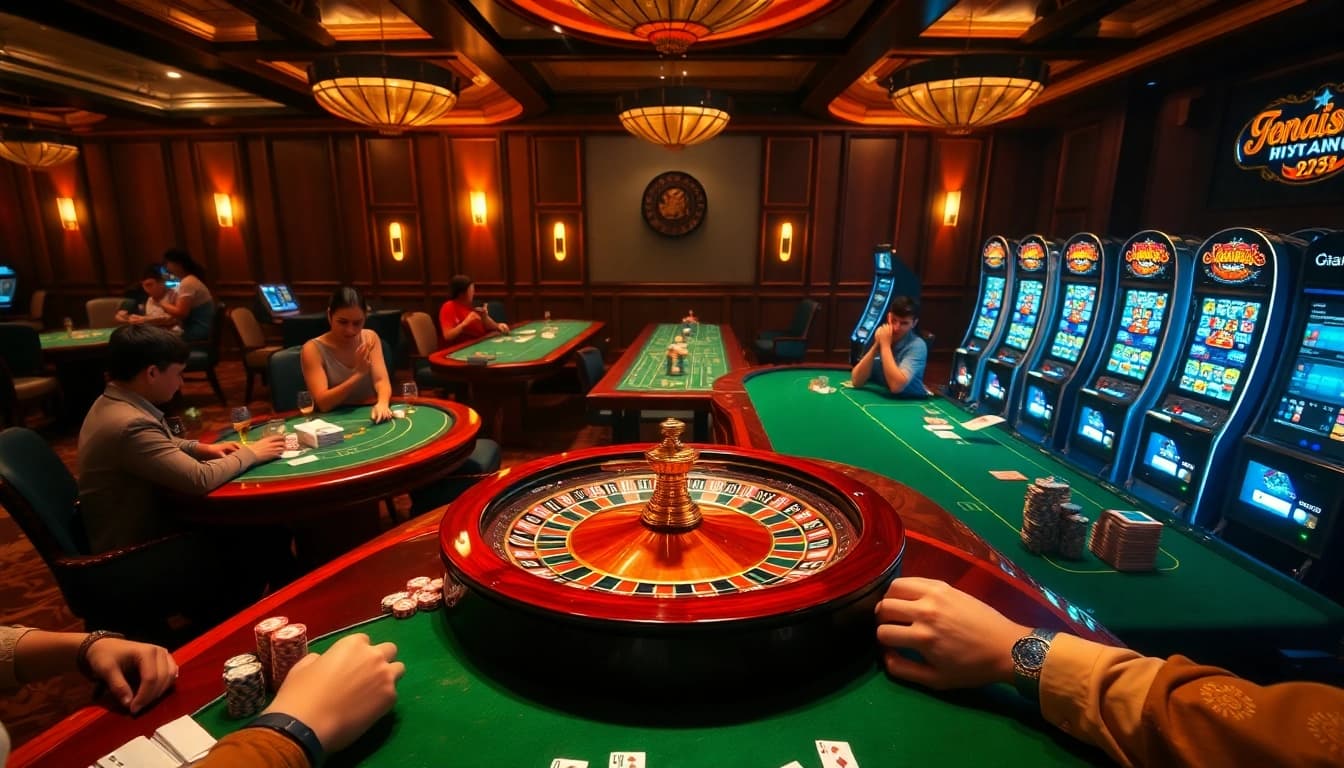 BJ38 online gaming scene with a luxurious casino backdrop featuring roulette and players enjoying the thrill.