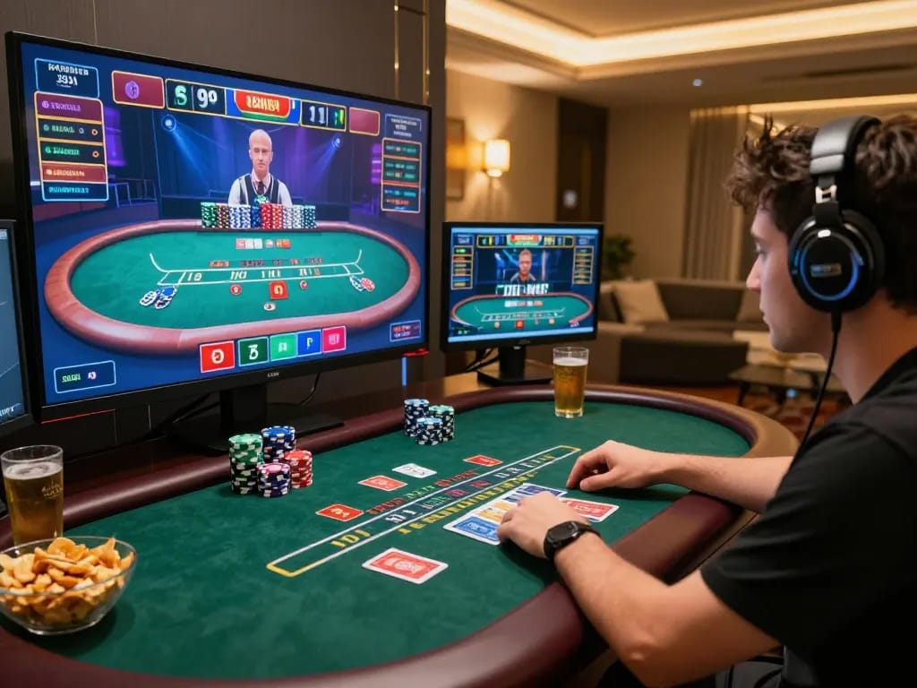 Player engaging in a live dealer blackjack game at BJ88 while enjoying snacks and drinks