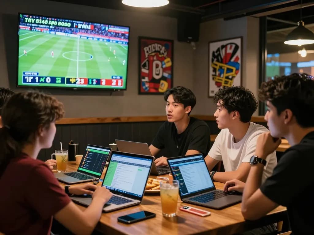 Intense sports bar scene showing friends engaged in tỷ lệ kèo bóng đá betting during an exciting football match.