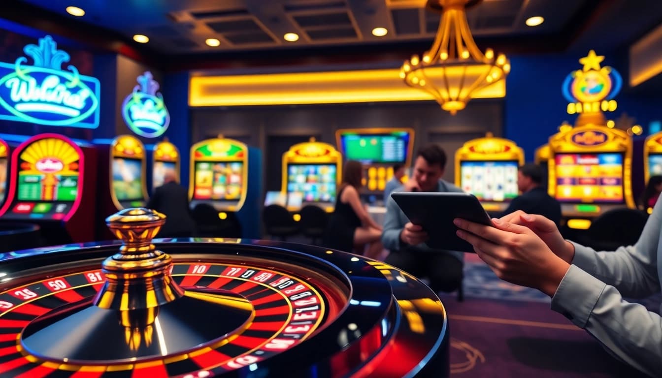 Engage with nohu90 social's vibrant gaming interface featuring roulette, poker chips, and slot machines.