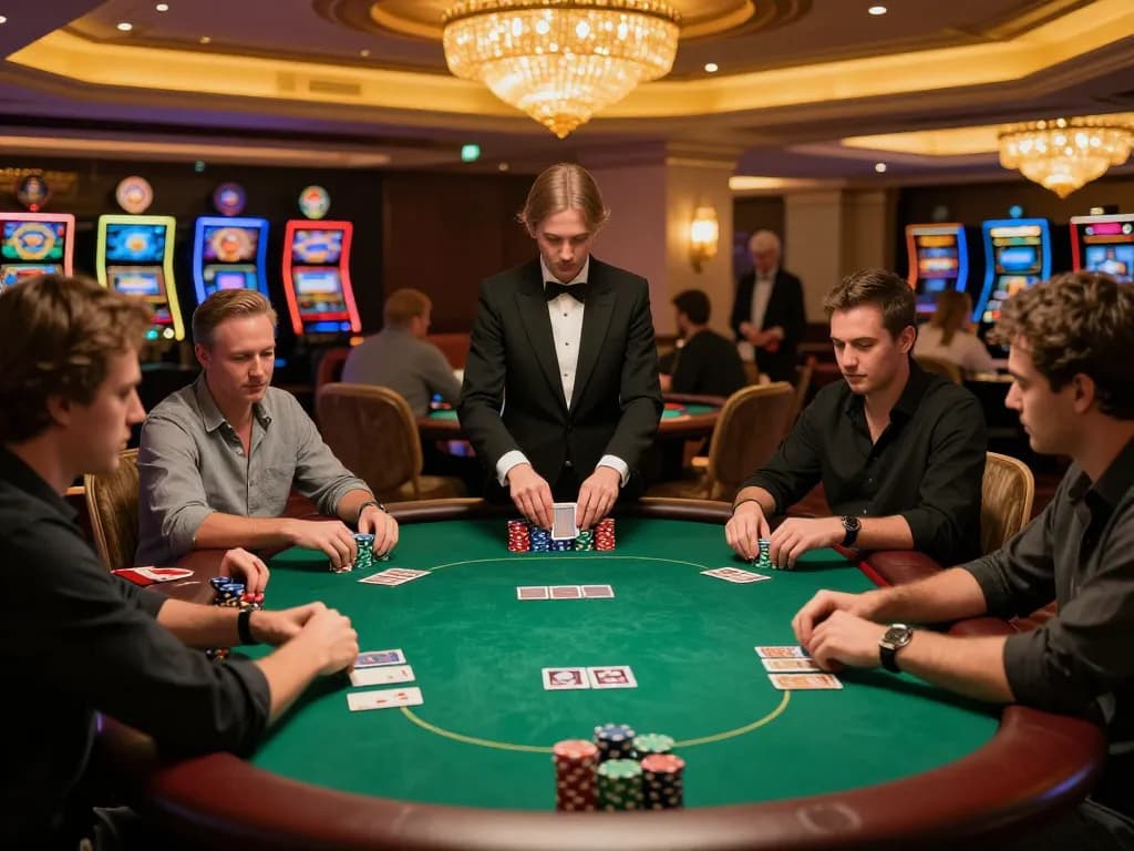 Players enjoying a high-stakes poker game at 9bet with vibrant chips and dealer action.