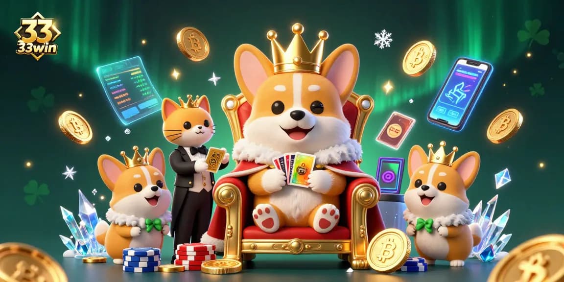 33win players revel in a vibrant casino scene featuring a royal corgi on a throne with poker chips