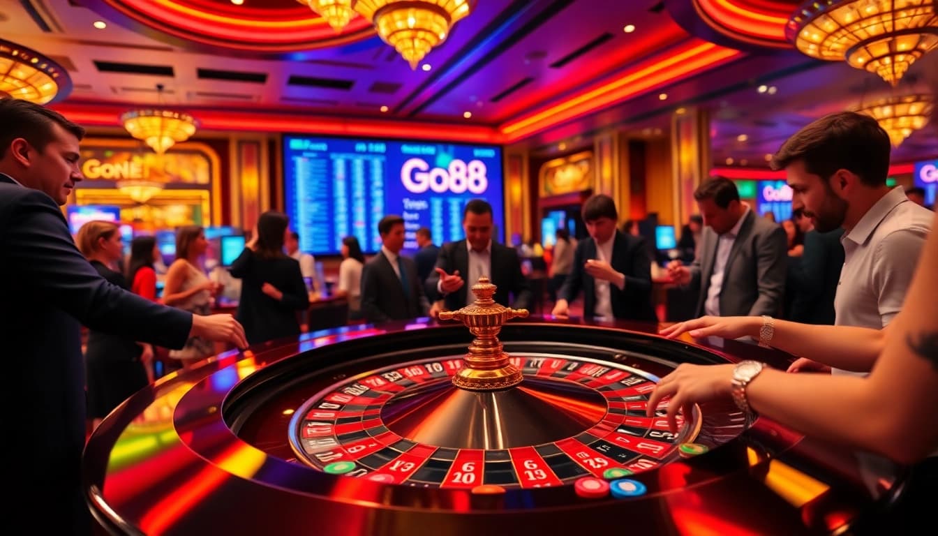 Go88 - Exciting roulette table scene with vibrant casino atmosphere and players engaged in betting.