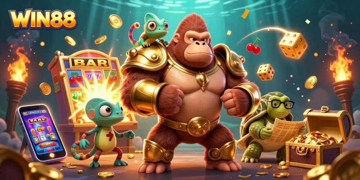 Engage in the exciting world of WIN88 with vibrant 3D characters and slot machine action.