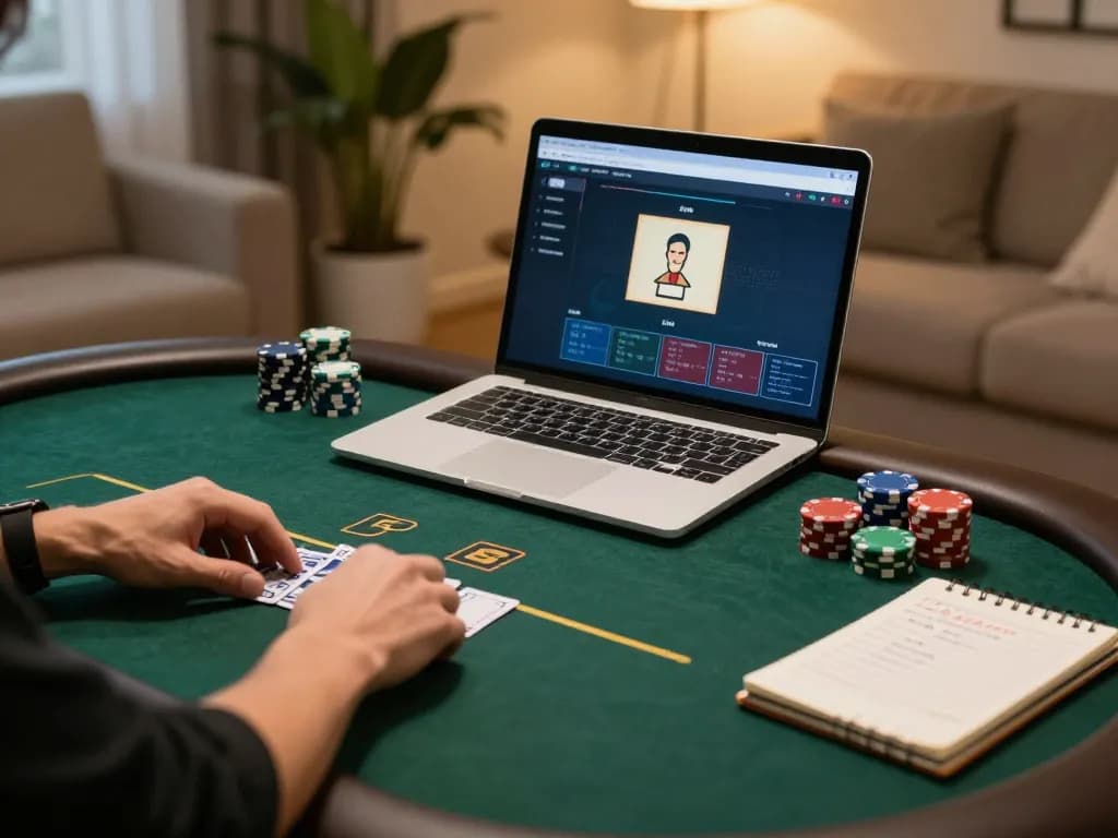 lc88an player placing chips in an online poker game from a cozy living room setup.