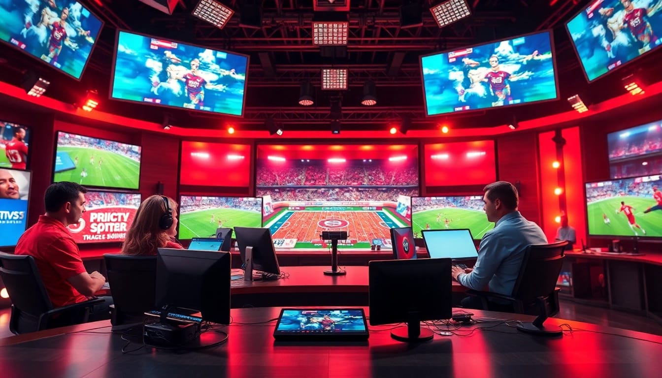 Engaging scene of Sports Broadcasting with dynamic commentators and high-energy studio settings.