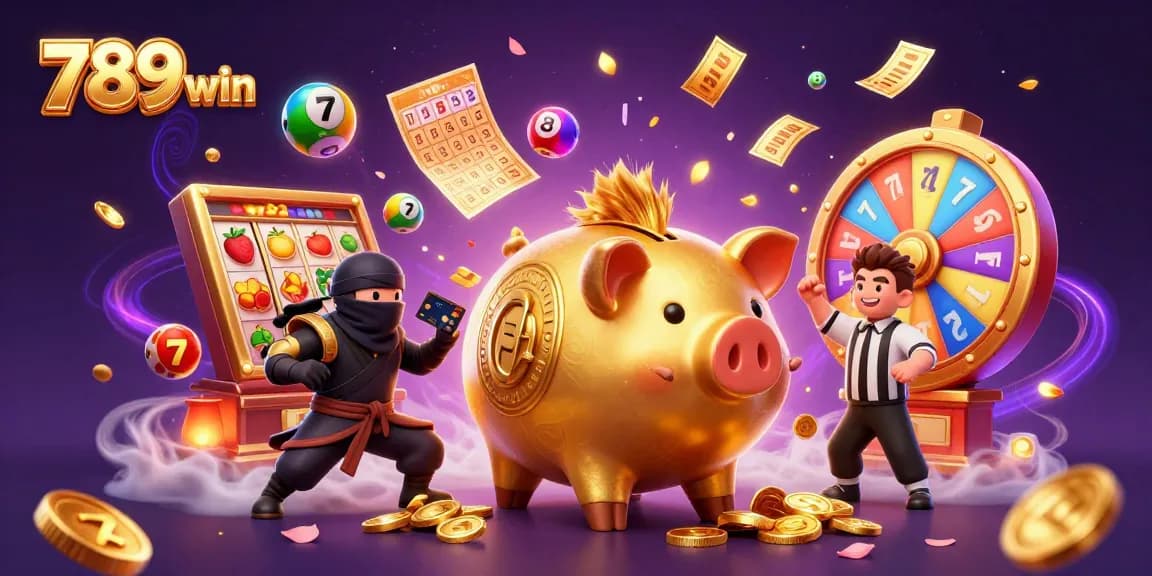 Experience thrilling wins with 789win in a colorful casino scene filled with vibrant slot reels and lucky symbols.