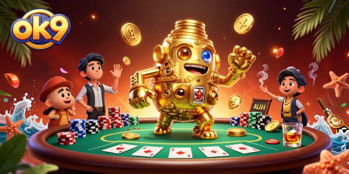 Experience thrilling poker action with ok9's vibrant casino illustration showcasing a golden golem.