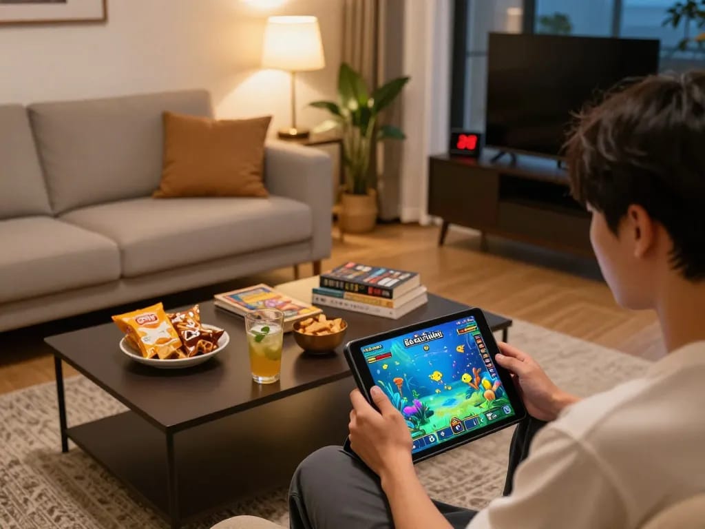 Bắn Cá Đổi Thưởng gameplay showcasing vibrant graphics while enjoying home gaming setup.