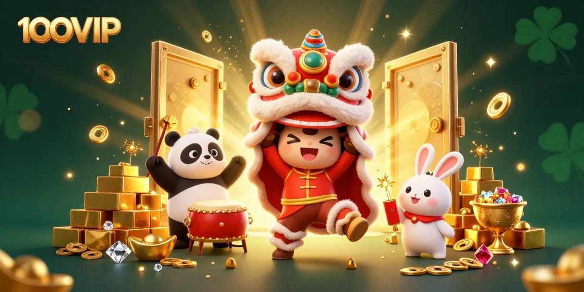Experience winning at 100VIP with a lively lion dance, drumming panda, and shimmering treasures.