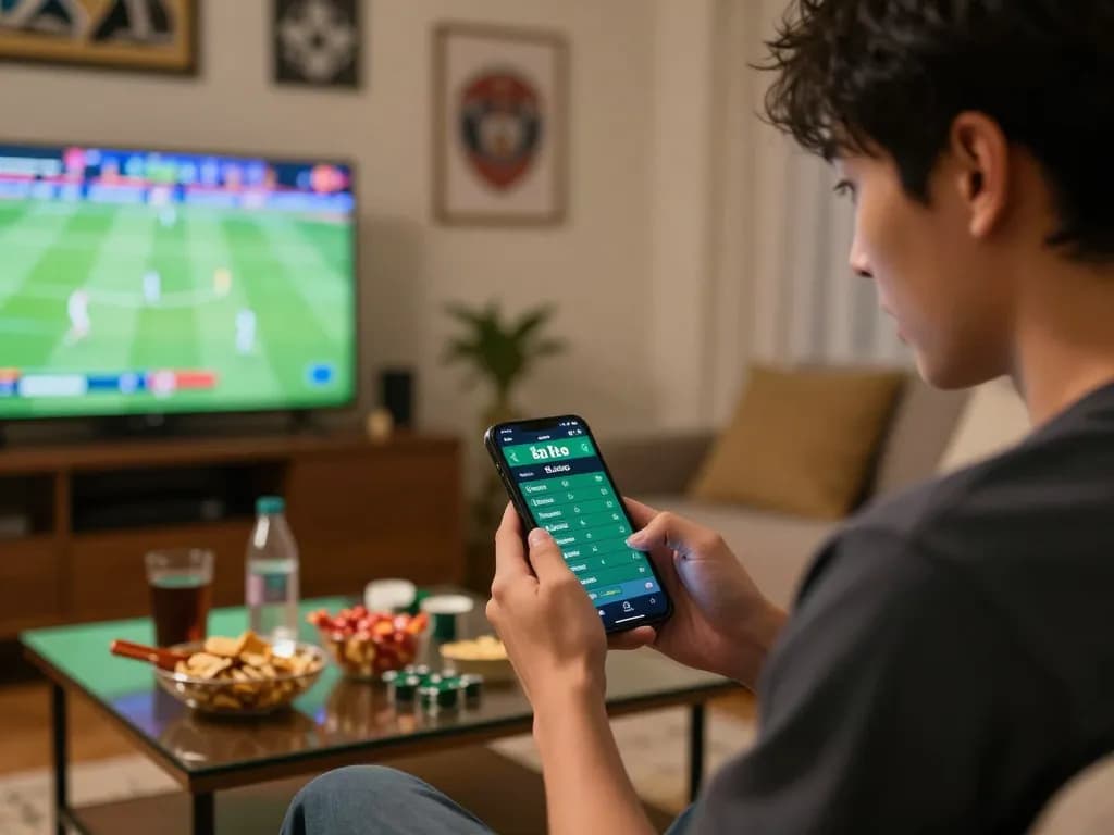 Engaged bettor exploring kèo nhà cái on smartphone during live sports, showcasing excitement and strategy.