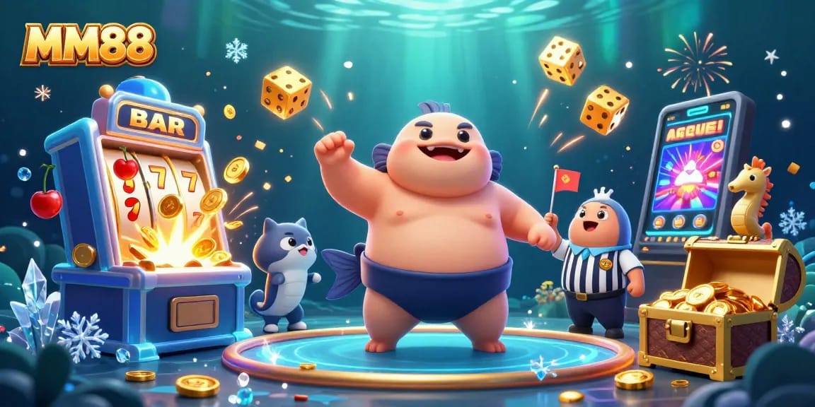 Experience the joy of MM88 with an exciting underwater gambling scene featuring unique characters and vibrant casino elements.