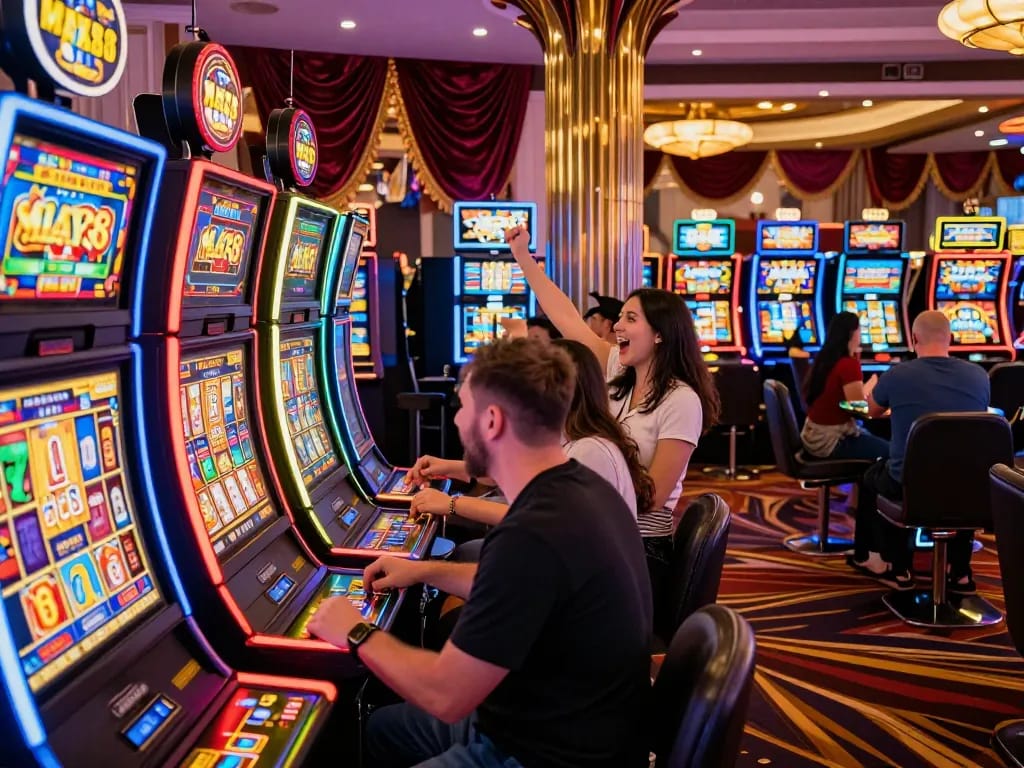 Players celebrating wins on vibrant MAX88 slot machines in a lively casino setting