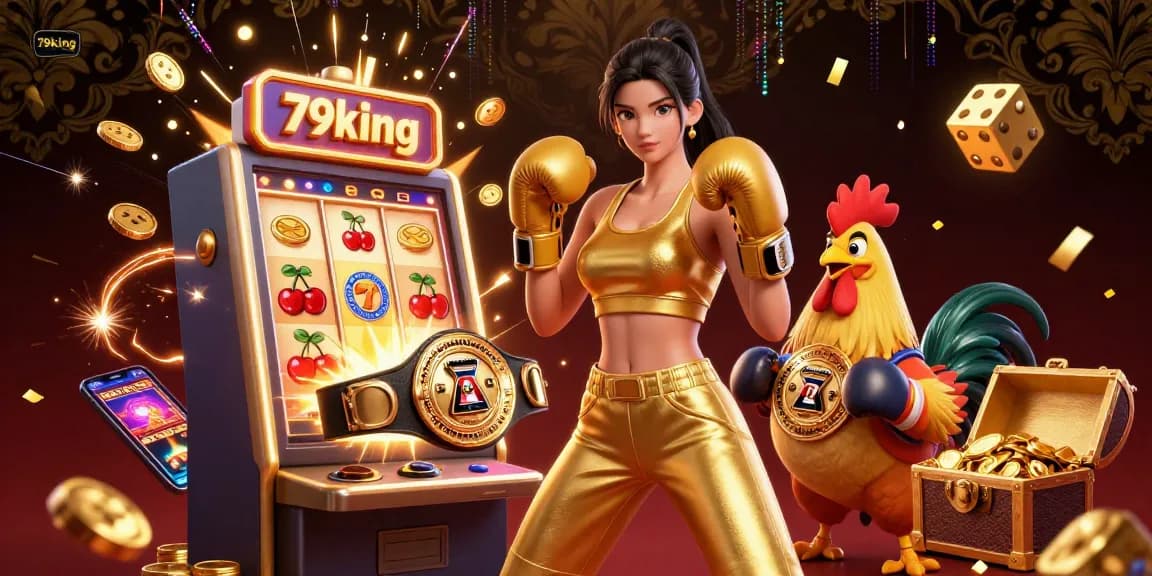 Experience the thrill of 79king's vibrant casino world with a powerful woman and a spirited rooster amidst dynamic game elements.