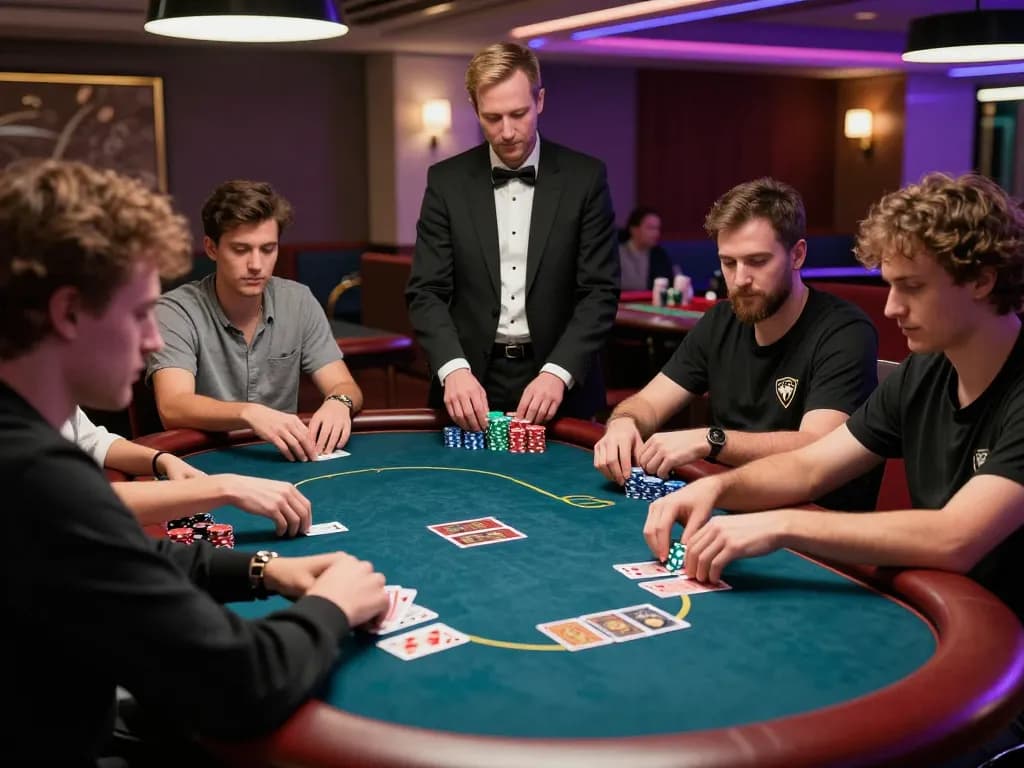 Nhà cái 789win players engaging in a lively poker game, showcasing strategy and excitement with vibrant casino atmosphere