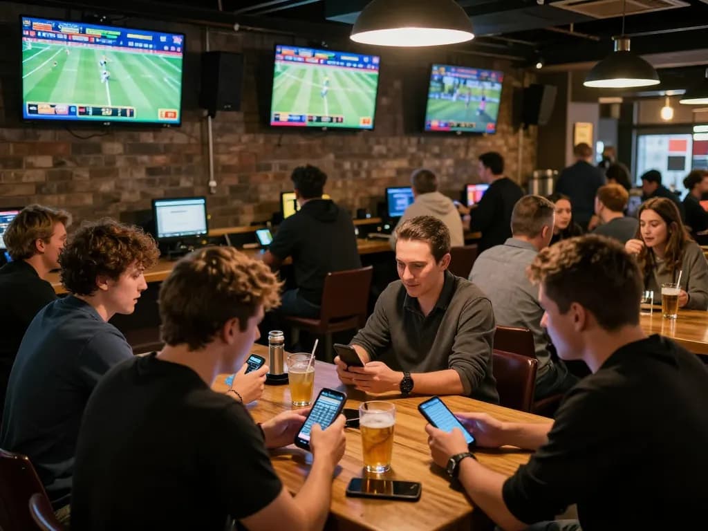 SAY88 contenders engaged in live sports betting, highlighting mobile app usage and electric atmosphere