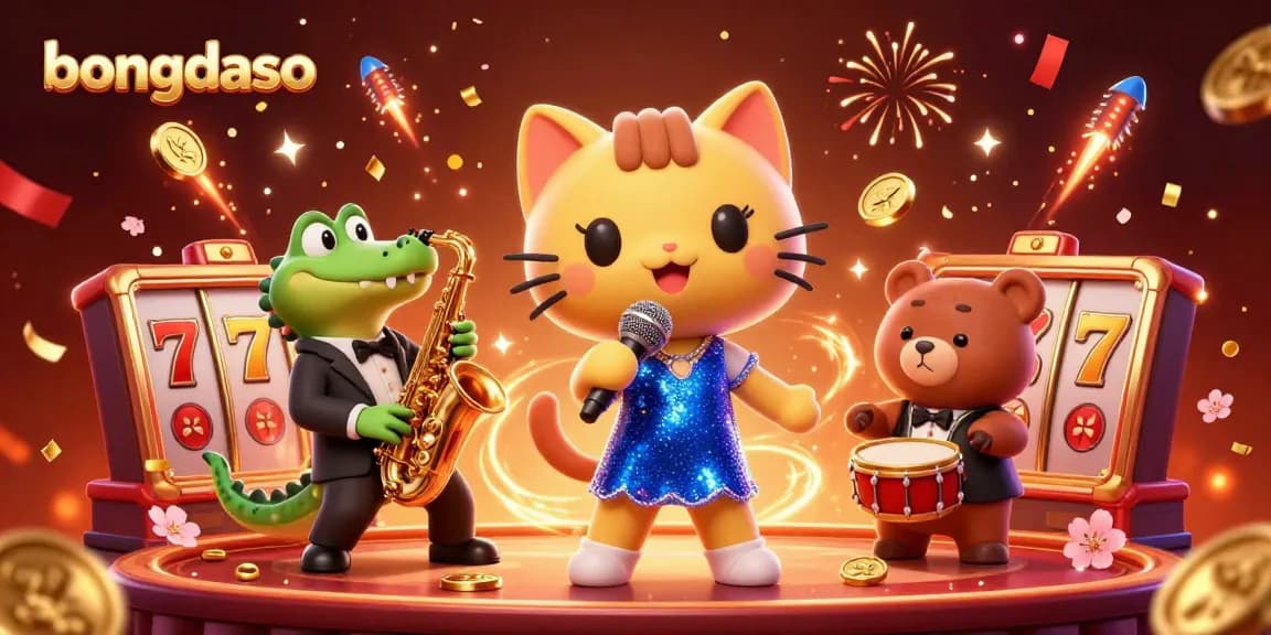 Bongdaso showcases exciting casino elements with cat singer, crocodile saxophonist, and bear drummer in a vibrant scene.