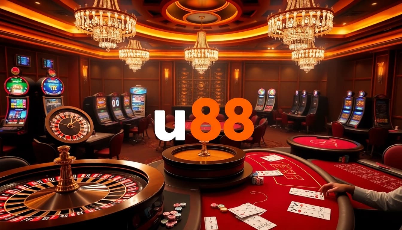 Experience luxury at u88 with a vibrant casino showcasing roulette, slot machines, and poker.