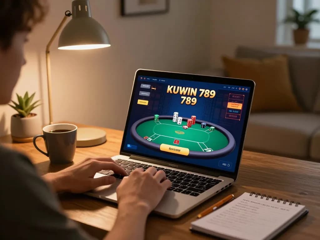 Engaging in online poker on KUWIN 789 with laptop, focused on winning strategies.