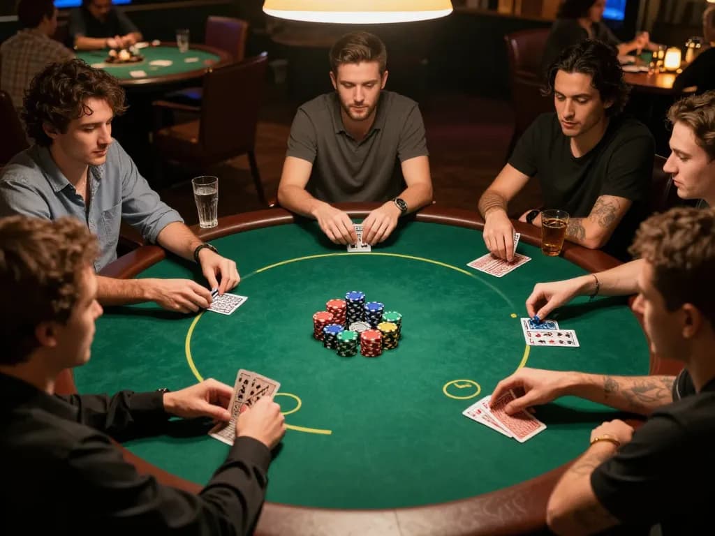 Friends enjoying an engaging poker game night at home, showcasing strategy and camaraderie with EE88.
