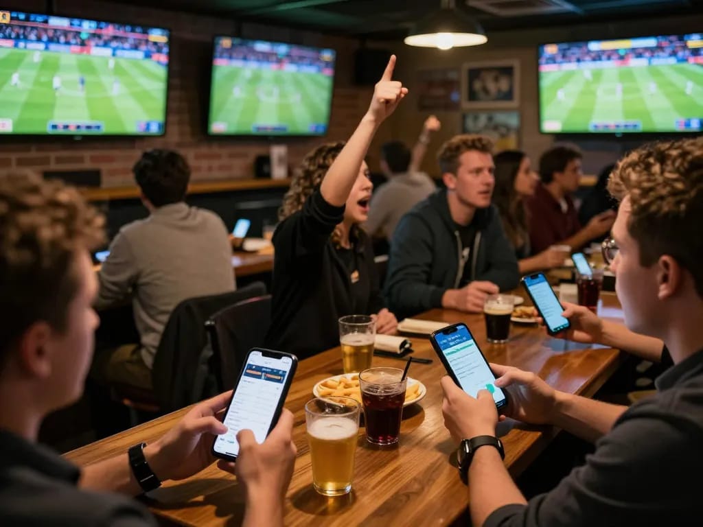 TG88 sports betting excitement captured in a vibrant bar scene with fans engaged in live game action