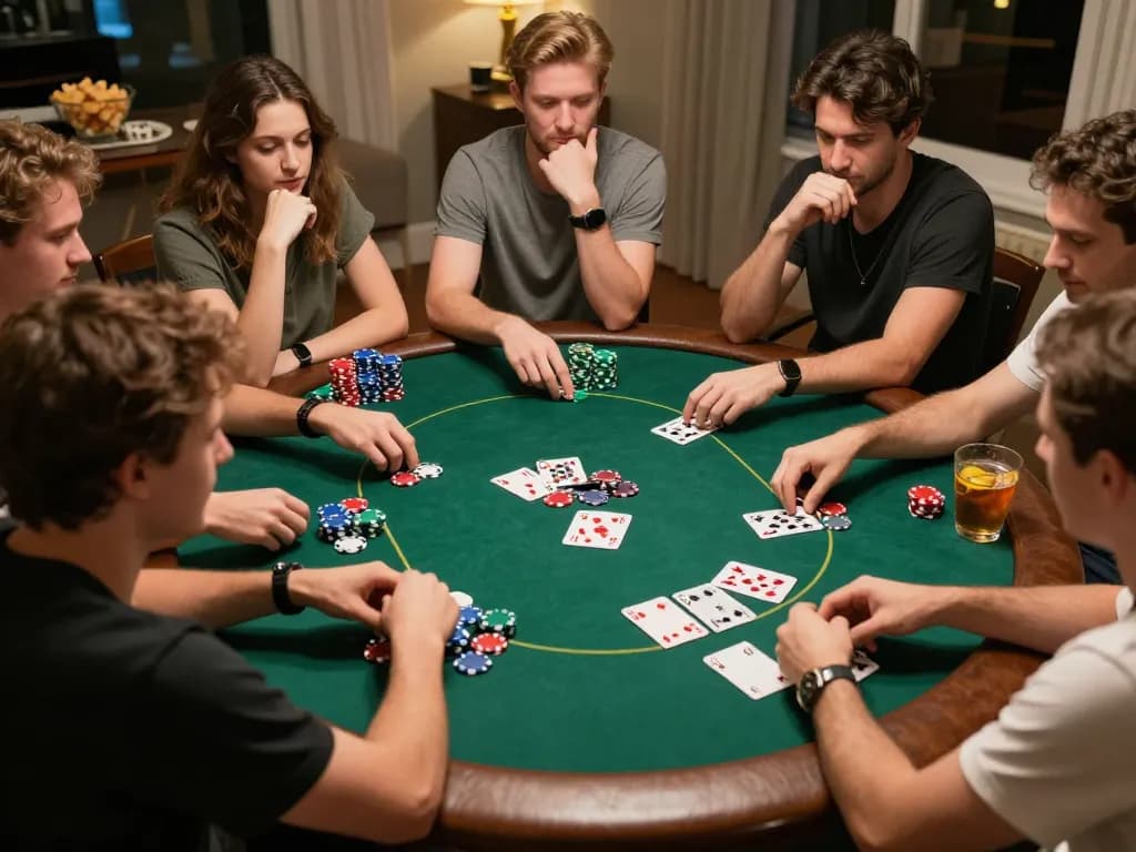 House guests enjoying a thrilling poker game with chips and cards at home, showcasing strategic gameplay at nhà cái rr88.