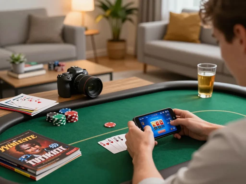 Engaged player using smartphone for ok 365 poker game in cozy home setting.
