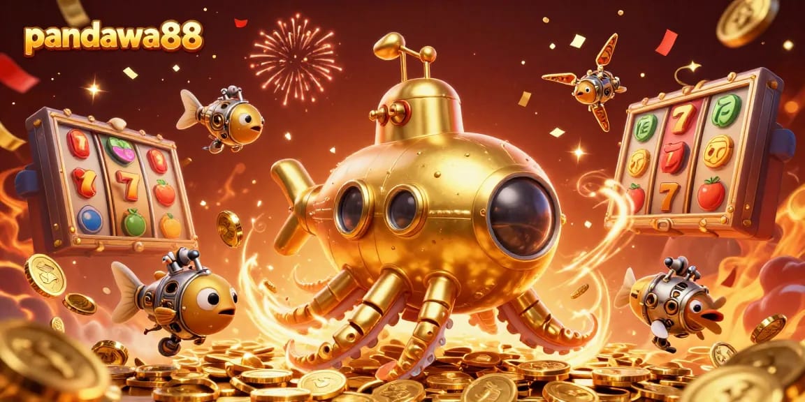 Experience the magic of pandawa88 through a vibrant 3D illustration showcasing thrilling slot games and golden treasures.