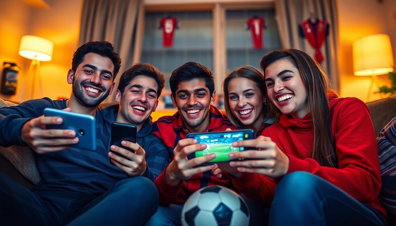 Cakhia TV: Excited fans watching a live football match on mobile devices in a cozy home.